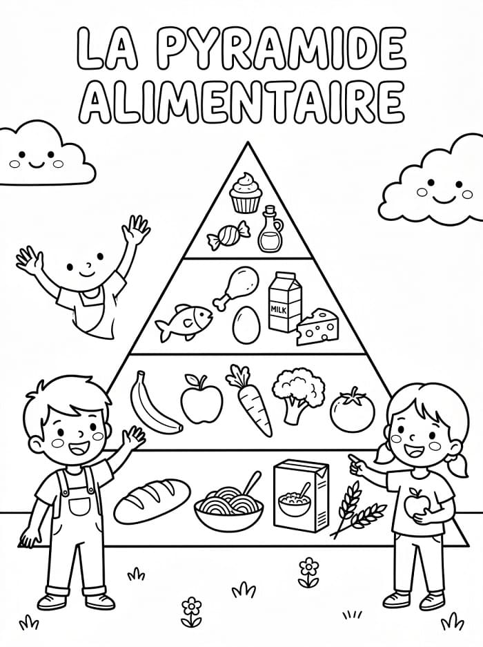 Coloriage Enfants avec Pyramide Alimentaire