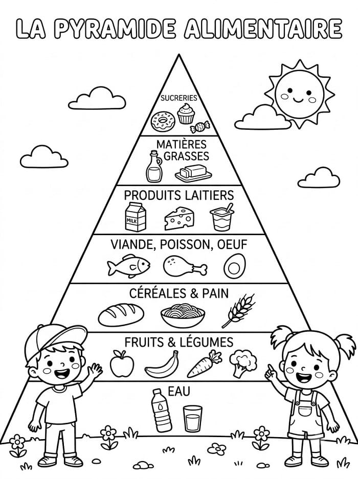 Coloriage Enfants et Pyramide Alimentaire