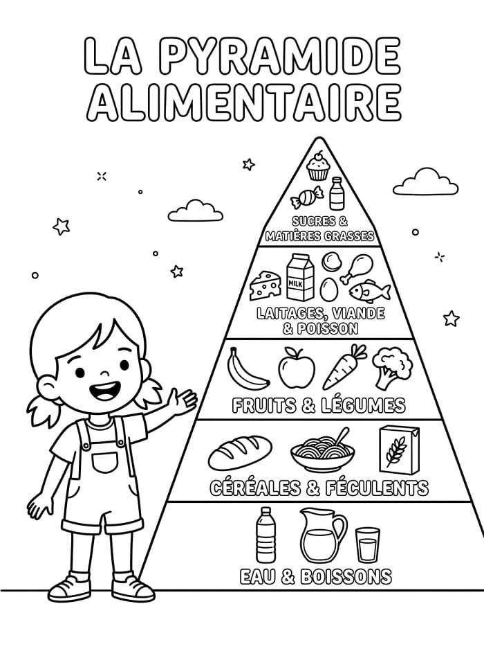 Coloriage Fille avec Pyramide Alimentaire