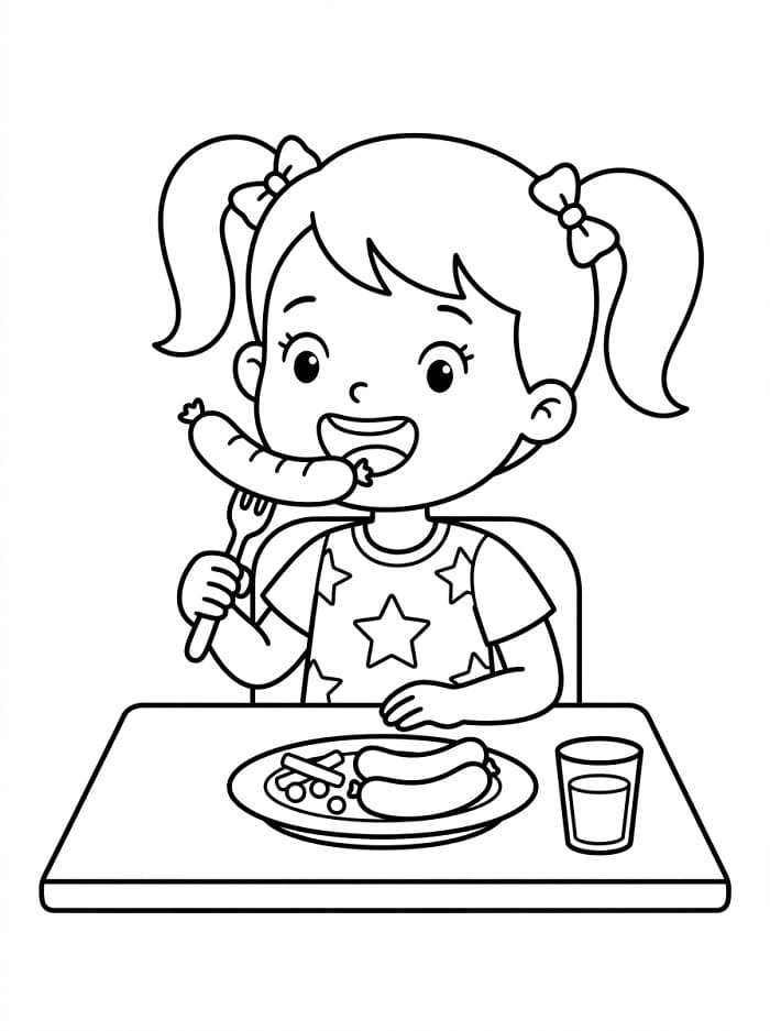 Coloriage Fille mangeant une saucisse