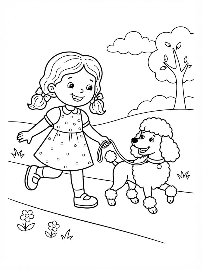 Coloriage Fillette et caniche