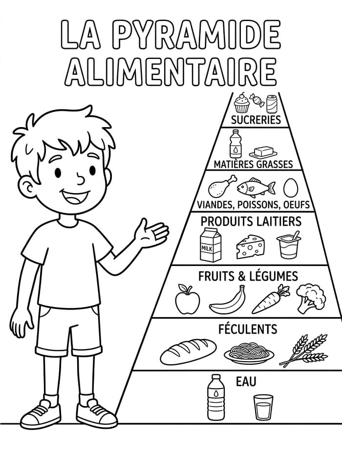 Coloriage Garçon avec Pyramide Alimentaire