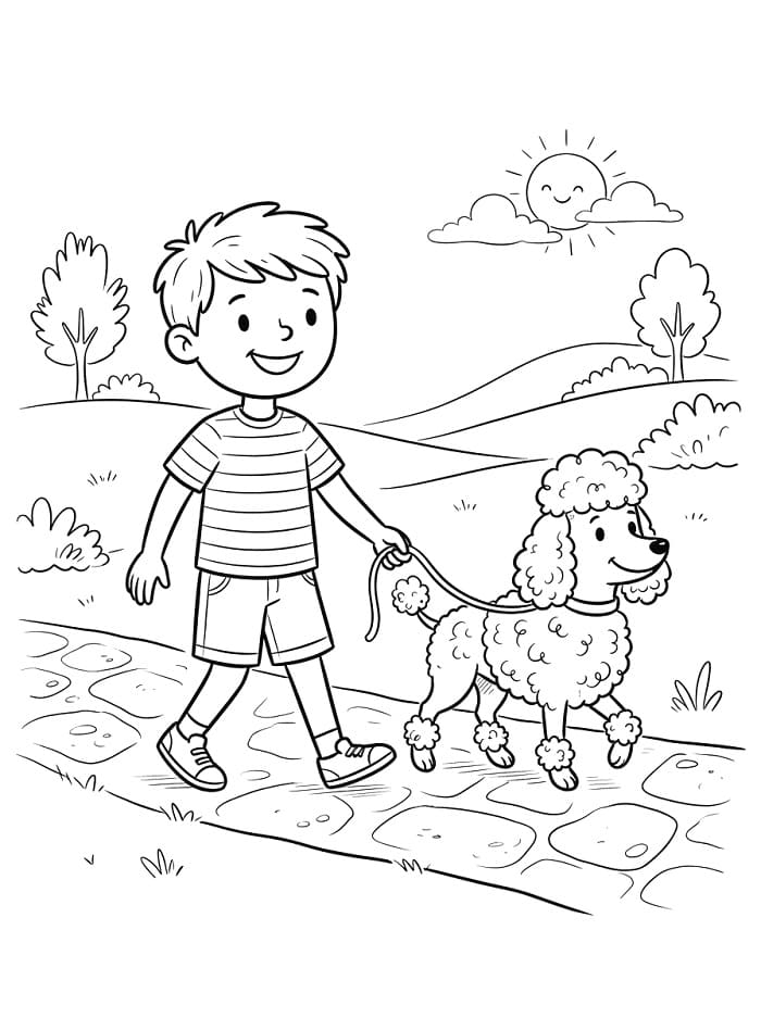 Coloriage Garçon et caniche