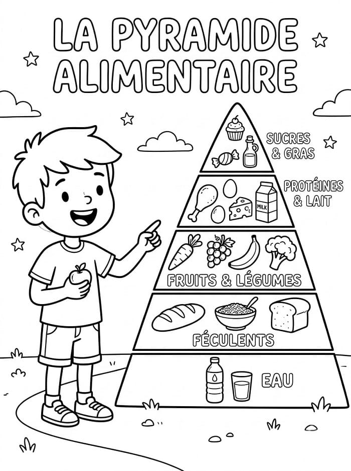 Coloriage Garçon et Pyramide Alimentaire