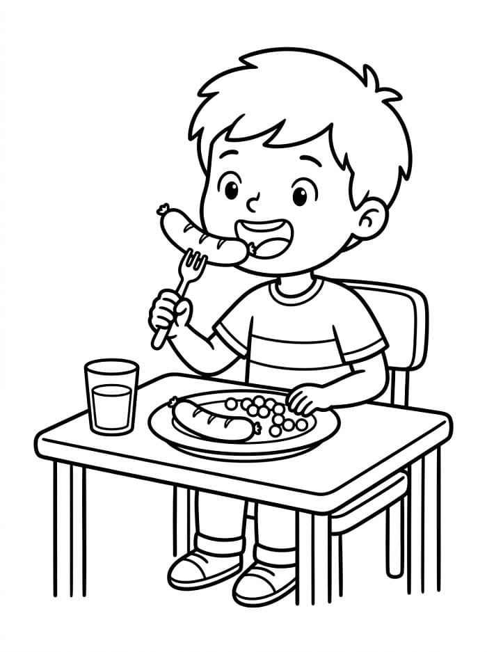 Coloriage Garçon mangeant une saucisse