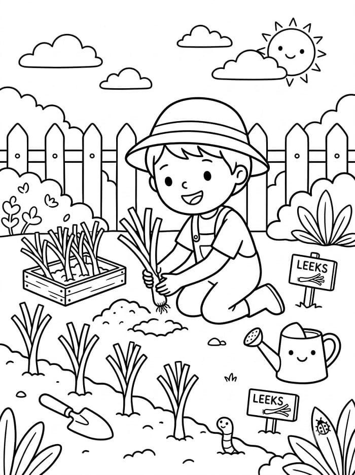 Coloriage Garçon plantant des poireaux