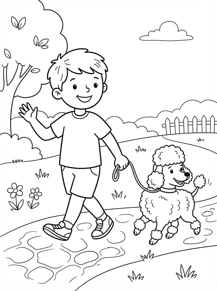 Coloriage Garçon promenant un caniche