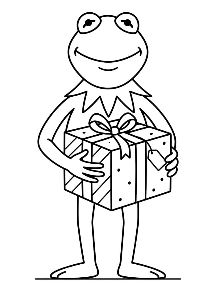 Coloriage Kermit avec un cadeau