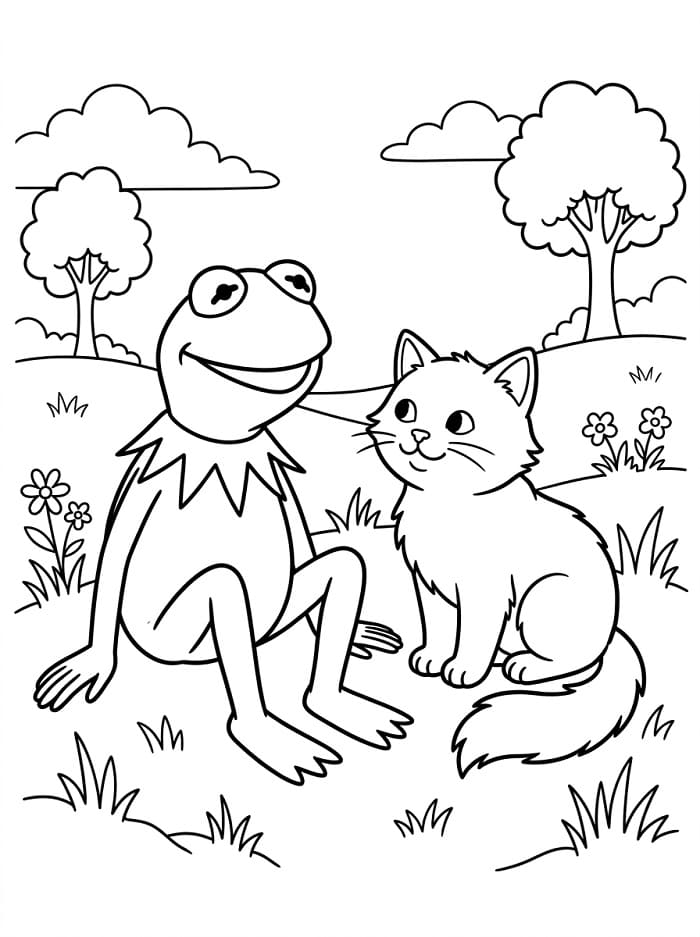 Coloriage Kermit et un chat