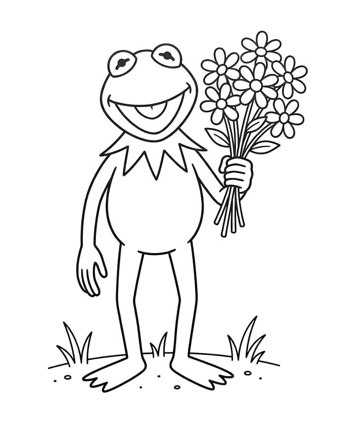 Coloriage Kermit tenant des fleurs