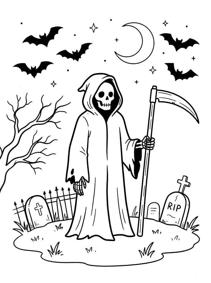 Coloriage La Faucheuse au cimetière