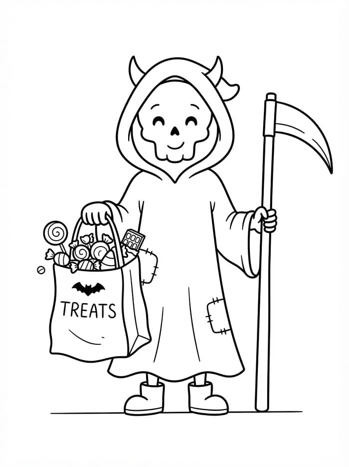 Coloriage La Faucheuse avec un sac de bonbons