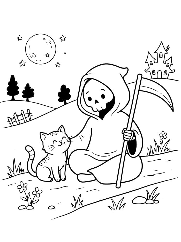 Coloriage La Faucheuse et un chat