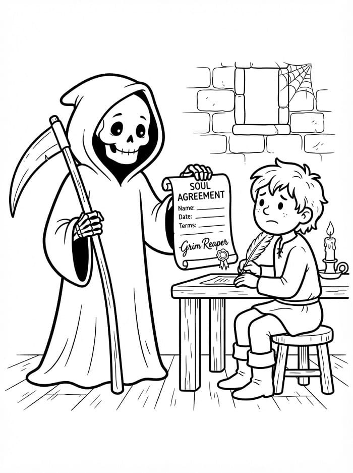 Coloriage La Faucheuse et un garçon