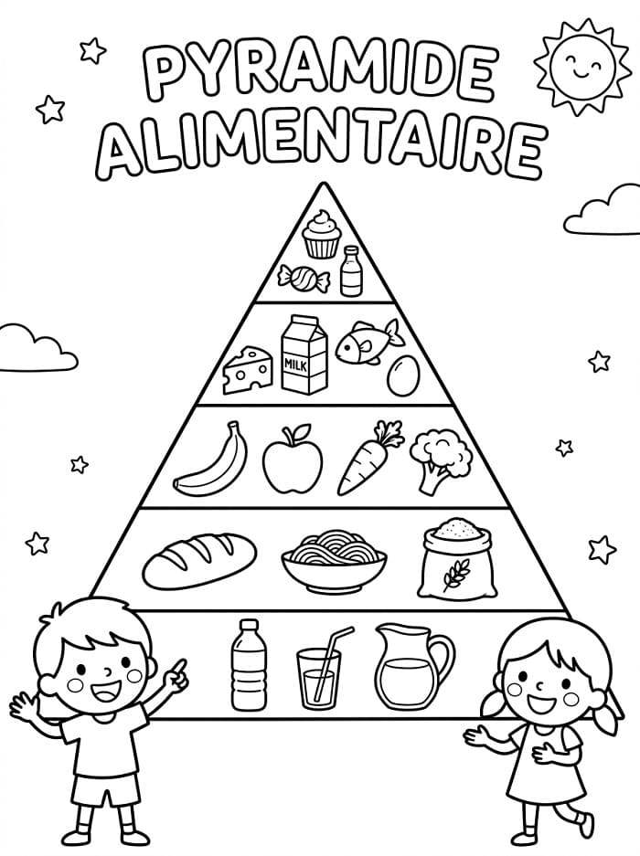 Coloriage Les enfants et Pyramide Alimentaire