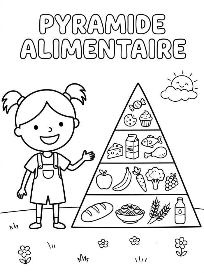 Coloriage Petite Fille et Pyramide Alimentaire