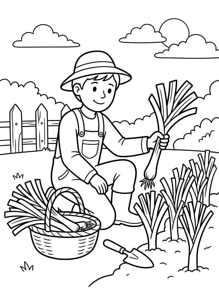 Coloriage Récolte des poireaux