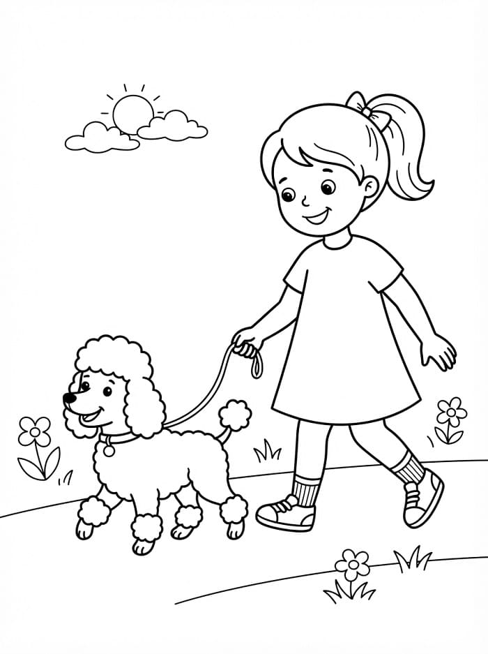Coloriage Une fille promène un caniche
